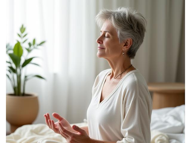 Maria, a happy client meditating peacefully, illustrating stress reduction and mental clarity.