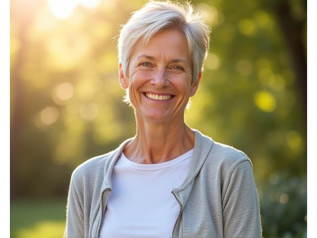 Sarah, a satisfied client glowing with health and happiness, showcasing her transformation.