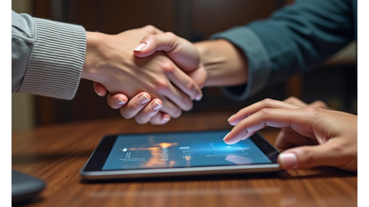 Hands shaking over a tablet displaying a wellness plan, symbolizing trust, agreement, and commitment to a personalized program. Soft, warm lighting.